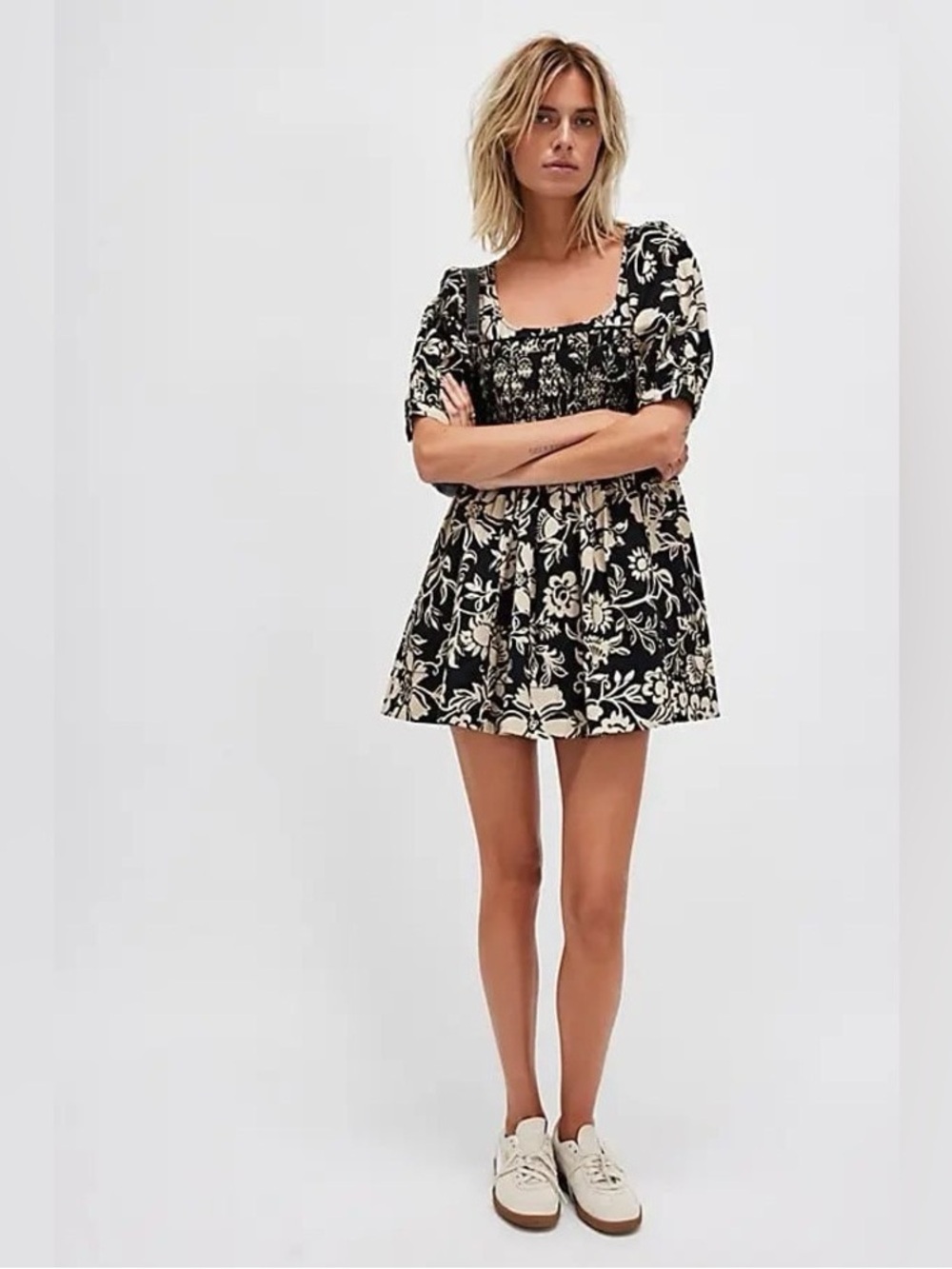 Free People Dear Delilah Mini Dress in Cream & Black. Size Small